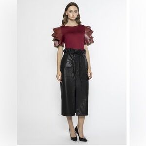 GRACIA 17R NWT Ruffles Pleather Tiered Short Sleeve Top Burgundy T Shirt SMALL